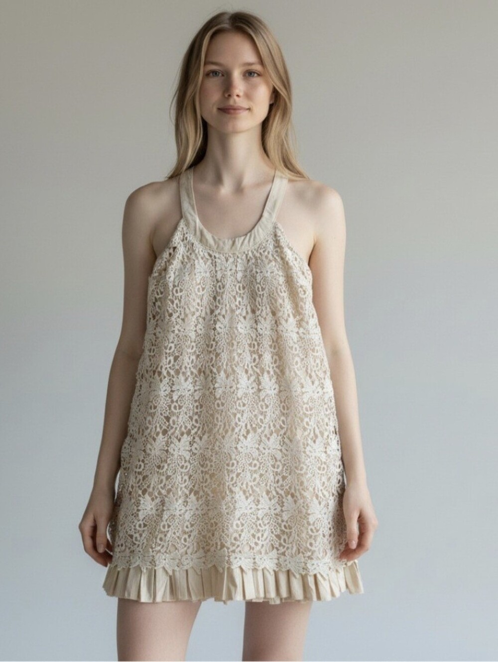 RYU Anthropologie cream ivory all over‎ floral lace Minnie Dress boho size large